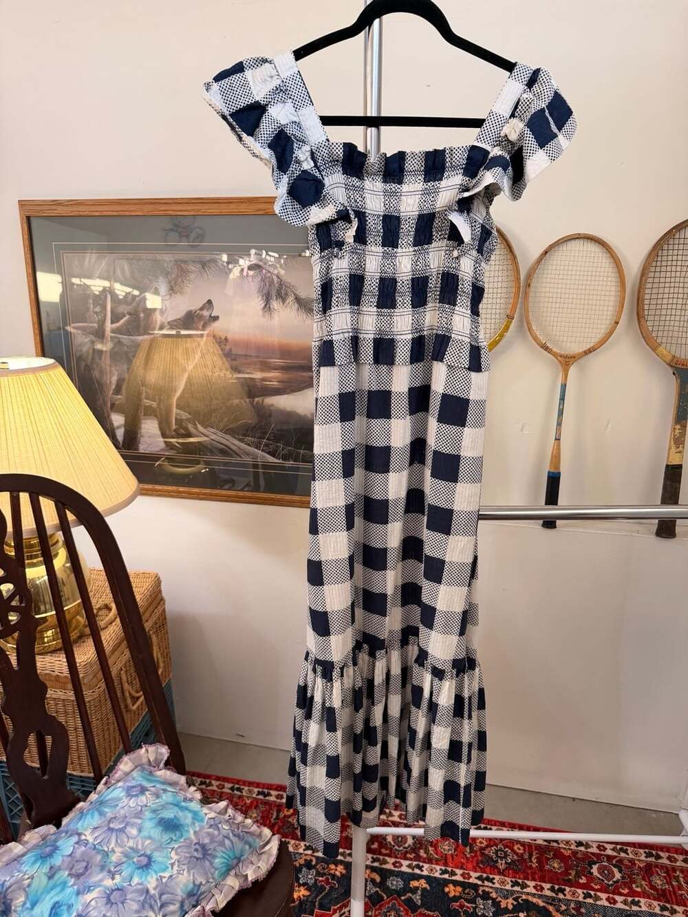 Sea NY Morgan Dress Coastal Farm Girl Navy Smock Plaid Ruffled Sleeve Open Back